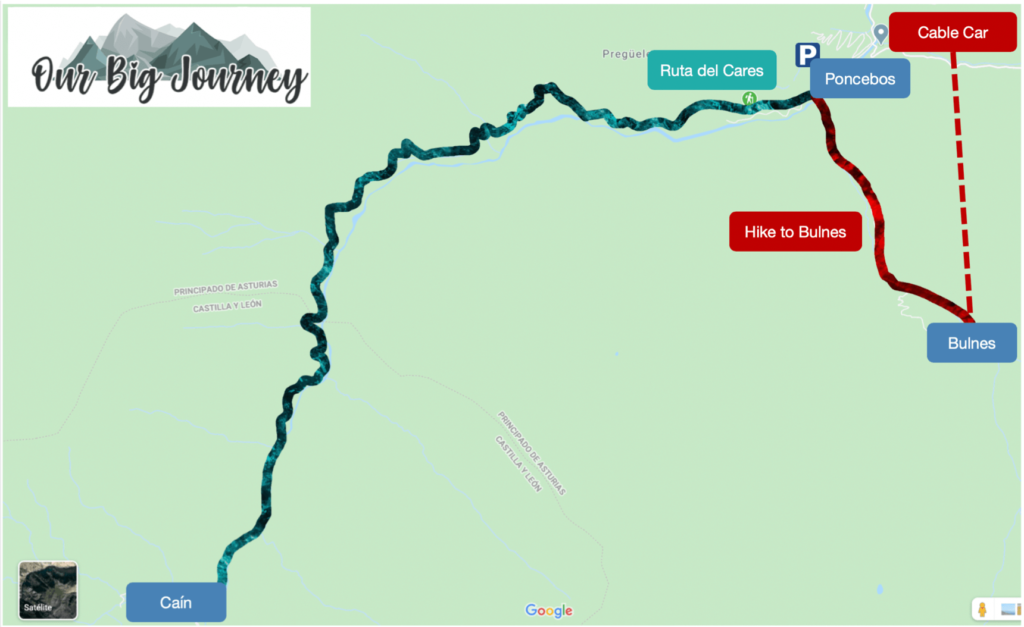 Map of Cares Train or Ruta del Cares in Spain