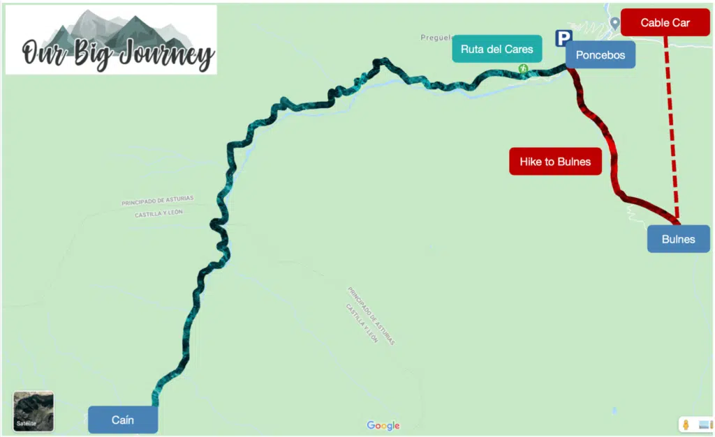 Map of Cares Train or Ruta del Cares in Spain