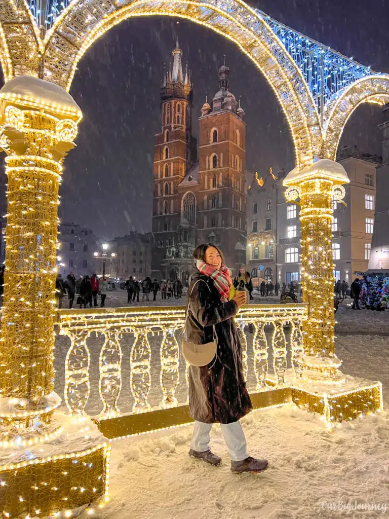 Christmas in Krakow with St. Mary's Basilica in the background